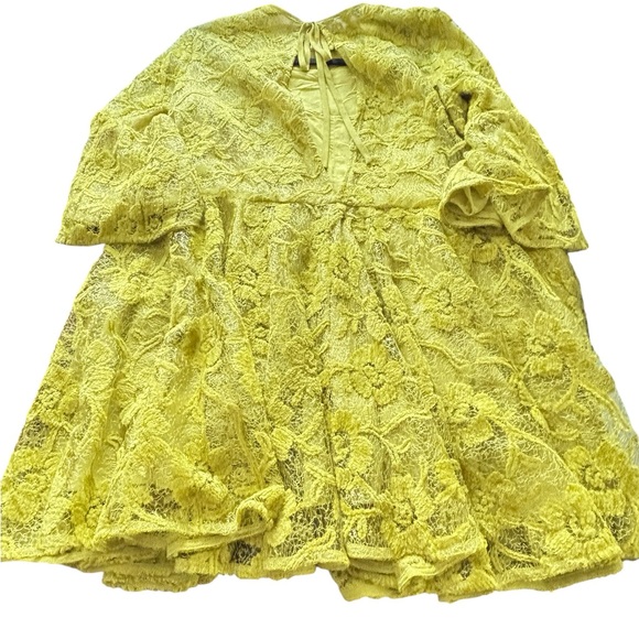 NWT Free People Le Fleur Mini Dress Lentil Sprout XS Lace Lined Bell-Sleeve Boho - Picture 4 of 14
